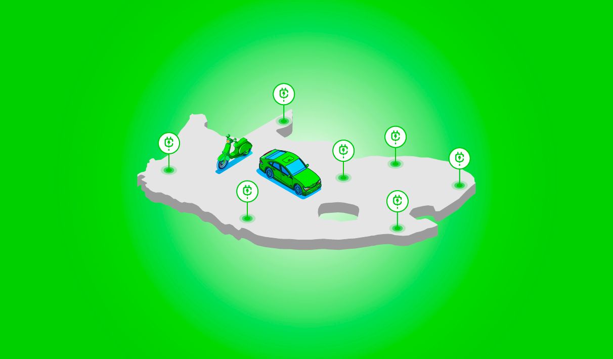 A graphic showing EVs and charging points superimposed on a stylized map of South Africa