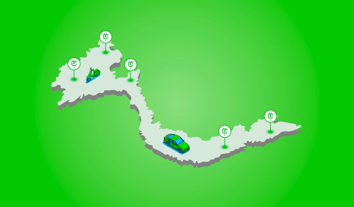 A graphic showing electric vehicles and charging points superimposed on a stylized map of Vietnam  Source: Bolt.Earth