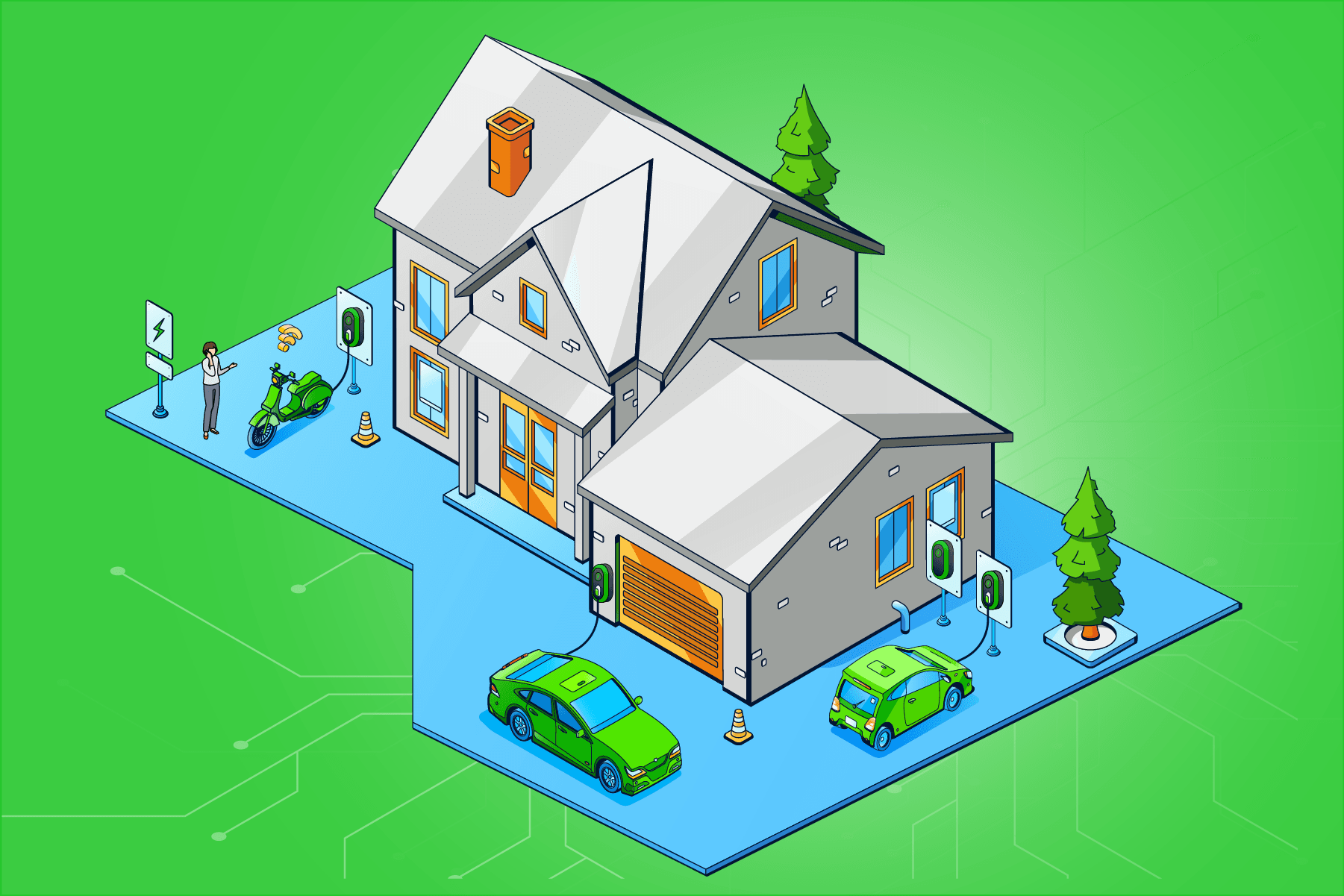 Image of a house with several EV charging points, creating a residential EV charging ecosystem.