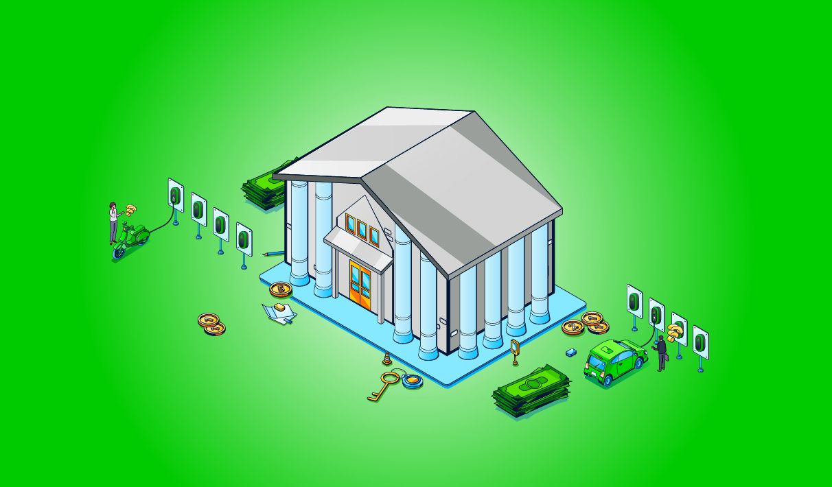 Illustration of a government building with charging points and EVs charging. Around the building are stacks of coins and cash.